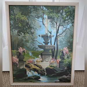 Vintage Framed Paint By Number Garden Cottage Core Fountain Art Shabby Chic